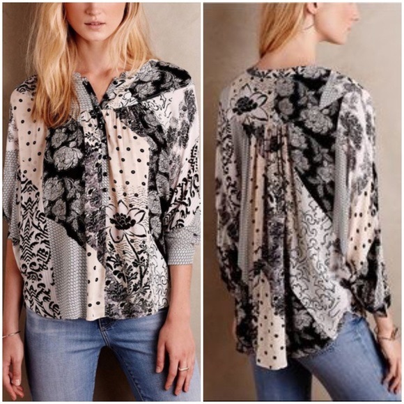 Anthro Maeve Linden Patchwork Batwing Blouse M - Picture 1 of 8